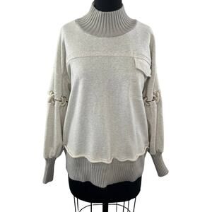 POL Heather Gray M Oversized Knit Sweater High Neck Lace Long Sleeve Pullover